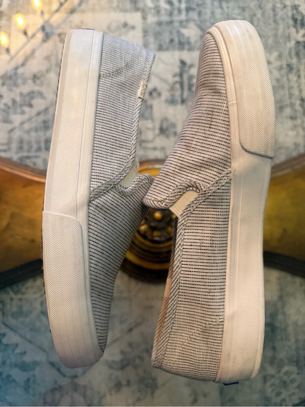 Keds Women's Double Decker Beige & White Striped Canvas Slip-On Sneakers 10